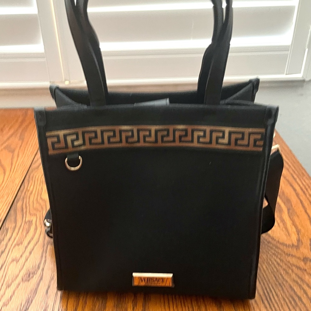 Versace Fragrances Black with Greek Key Trim Canvas Purse Handbag Shoulder Tote